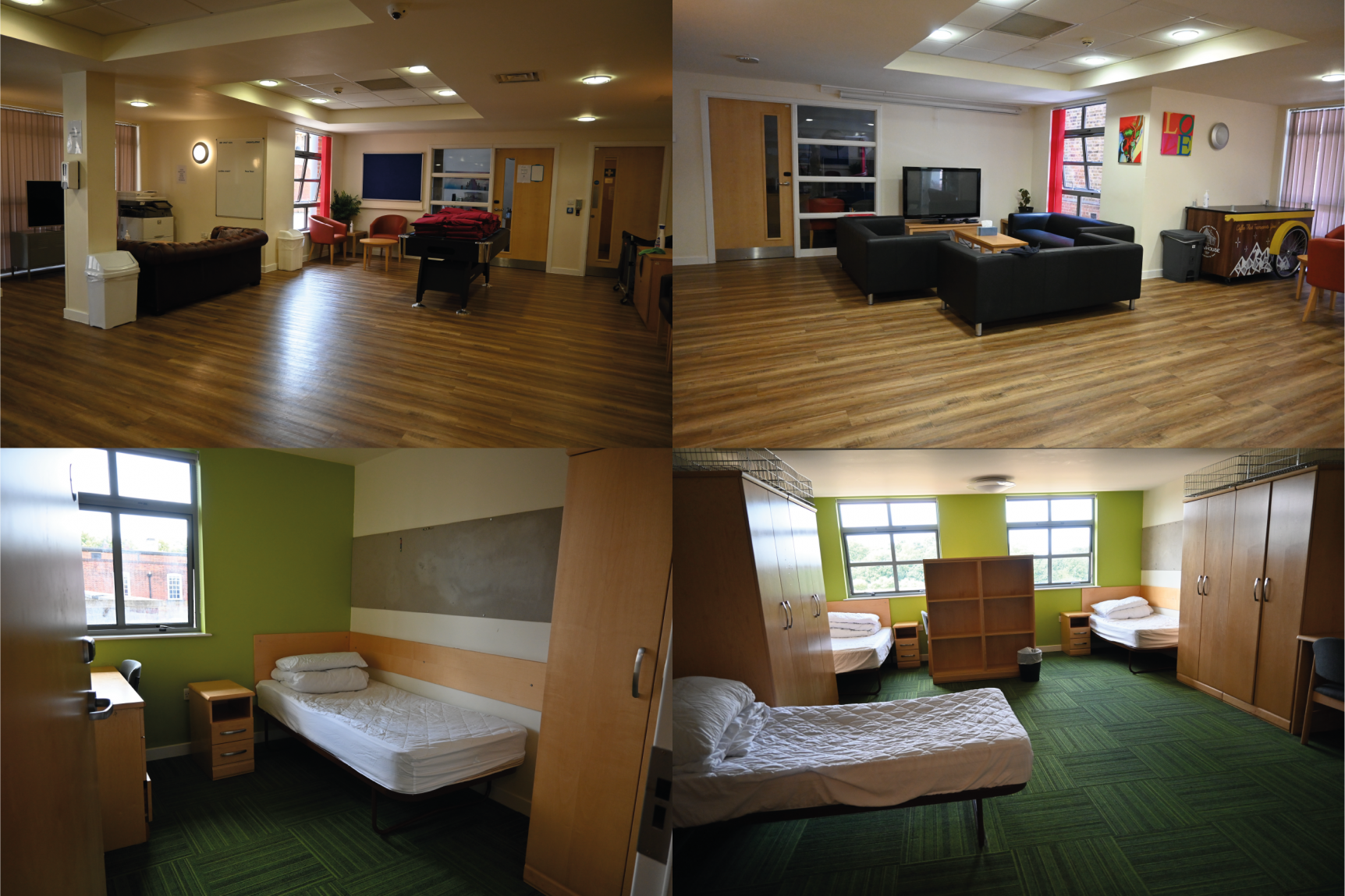 A square of four images of the accommadation at the SUmmer School. Top left and right image are photos of the common room featuring couches, a TV and a pool table. The bottom left picture is a photo of a single bedroom with a wardobe and a window. The bottom right picture is a photo of a shared bedroom with 3 single beds visible as well as wardrobes.