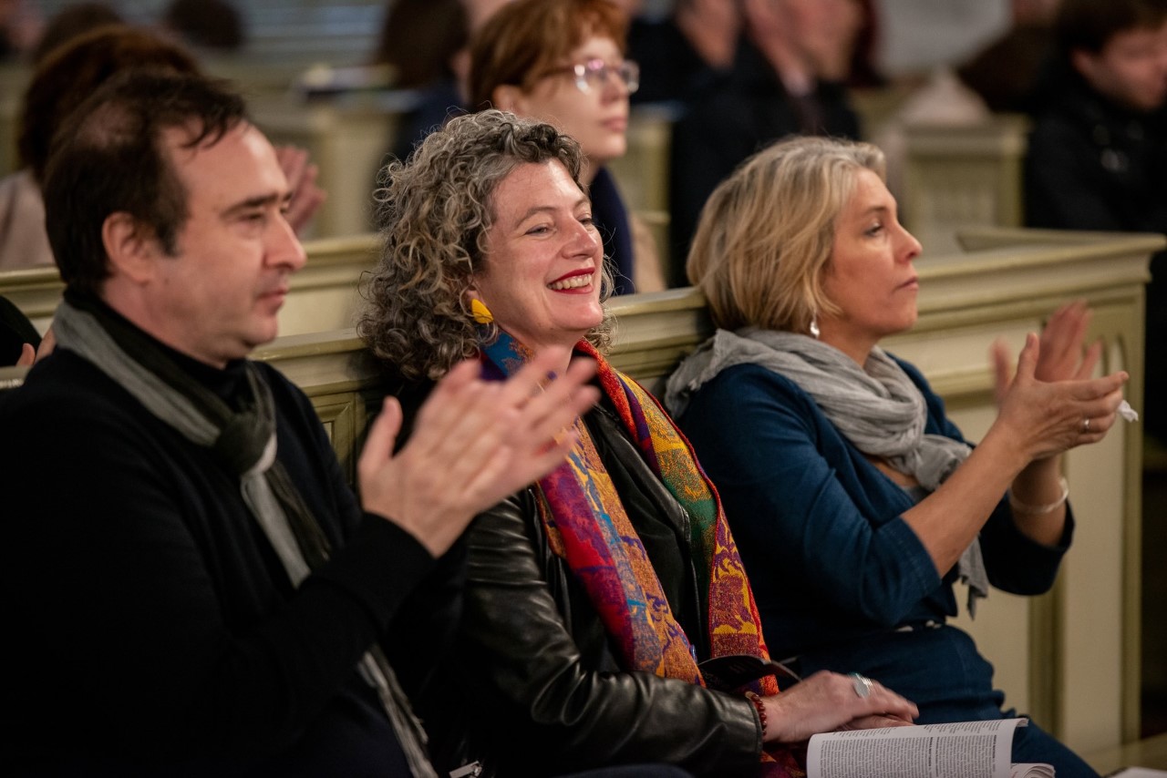 Susanna applauding with Deborah Keyser (Tŷ Cerdd) and David Pay (Music on Main) at ISCM World New Music Days 2019 in Tallinn, Estonia.