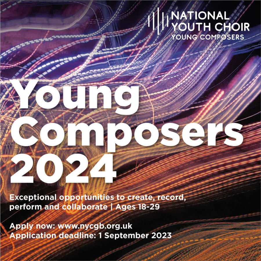 Text reading ‘Young Composers 2024’ on top of a black background with streaks of purple and orange light.